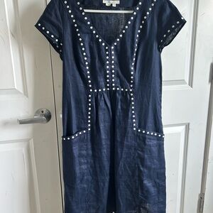 Linen Navy Blue Dress with White Accents Boden
